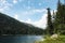 Swiss lake in the spruce forest with fir-tree, Alps.