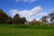 Swiss landscape in autumn, with neatly mowed meadows deciduous forest and a couple of solitary fruity trees.