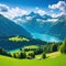 Swiss landscape with mountains and pine summer landscape
