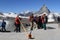 Swiss man blowing traditional alpine horn