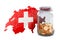 Swiss map with glass jar full of golden coins, 3D rendering