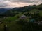 Swiss mountain village Stoos at sunset aerial drone overview in canton of Schwyz. Hiking village near Fronalpstock ridge