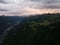 Swiss mountain village Stoos at sunset aerial drone overview in canton of Schwyz. Hiking village near Fronalpstock ridge