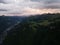 Swiss mountain village Stoos at sunset aerial drone overview in canton of Schwyz. Hiking village near Fronalpstock ridge