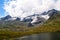 Swiss mountains and Glacier Lake seen fom the Bernina Express train