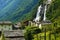 Swiss mountains and waterfalls seen fom the Bernina Express train