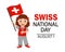 Swiss national day. Cute little girl with the flag of Switzerland. Cartoon illustration, banner, poster