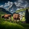 Swiss Pasture near Grunewald Grazed by Cows. AI