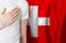 Swiss person with hand on heart on the background of Switzerland flag. Patriotism, country, national, pride concept