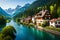 A Swiss riverside hamlet, encircled by lush forests, with the morning sun casting a warm glow on the rippling water