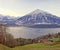 Swiss rural landscape near Thun lake at sunrise