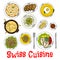 Swiss seafood dishes with fondue and desserts icon