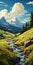 Swiss Style Mountain Stream Painting With Decorative Backgrounds