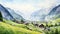 Swiss Style Watercolor Illustration Of A Mountain Village
