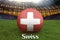 Swiss on Switzerland language on football team ball on big stadium background. 3d rendering. Switzerland Team competition concept.