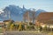 Swiss village with a view to the Alps mountains near the Thun la