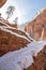 Switchbacks in snow on Angels Landing Hiking Trail during winter in Zion National Park in Utah