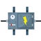 Switchboard. High voltage sensor. Technical industrial appliance. Danger sign - yellow lightning