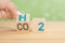 Switching to hydrogen H2. Change to fuel cell vehicles. Hand flips cube and changes the expression CO2 to H2. Hand flips a dice