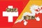 Switzerland and Bhutan currencies codes on national flags background