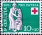 Switzerland - Circa 1957 : a postage stamp printed in the swiss showing a needy and helper. Red cross coat of arms. Federal celebr