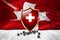 Switzerland flag with Metal Shiny red shield. virus protection, hygiene shield. virus Vaccine Protection aganst coronavirus,