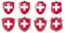 Switzerland flag in shield shape, four 3d and simple versions. Swiss icon / sign