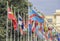 Switzerland; Geneva; March 9, 2018; Two rows of the United Nations member states flags; Front of the United Nations Office in Gen