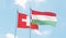 Switzerland and Hungary, two flags waving against blue sky