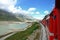 Switzerland: July 2012, Famous red alpine train Bernina Express from St.Moritz to Tirano near Bernina Pass in Switzerland