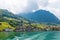 Switzerland.  Landscape with lake Lucerne, small villages  and Alps mountains