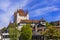 Switzerland travel and landmarks. Famous Thun lake and Thun caste