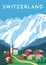 Switzerland travel retro poster, nature vintage banner. Summer Alps landscape, mountain Austria village. Flat vector illustration