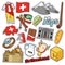 Switzerland Travel Scrapbook Stickers, Patches, Badges for Prints with Alps, Money and Swiss Elements