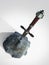 sword excalibur King Arthur stuck in the rock stone isolated render. metaphor of candidate applicant test