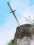 Sword excalibur King Arthur stuck in the rock stone isolated render. metaphor of candidate applicant test