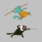 Swordsman cat illustration. Pole vaulter.