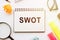 SWOT text on notepad with magnifier and glasses on white background