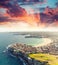 Sydney Bondi Beach. Sunset aerial view from helicopter