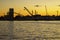 Sydney city boattyard with cranes at dusk