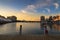 Sydney city skyline during evening, view from harbourside promen