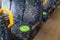 Sydney train carriage with stickers sit hear on seats for social distancing during Covid-19 pandemic