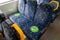 Sydney train carriage with stickers sit hear on seats for social distancing during Covid-19 pandemic