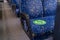 Sydney train carriage with stickers sit hear on seats for social distancing during Covid-19 pandemic