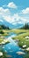 Sylvan Landscape: River, Flower Field, And Mountains In Architectural Illustrator\\\'s Style