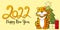Symbol of 2022. Yellow vector greeting card with a tiger in hand draw style. New Year. Lettering 2022. Cartoon