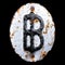Symbol bitcoin made of forged metal on the background fragment of a metal surface with cracked rust.