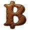 Symbol bitcoin made of leather. 3D render font with skin texture isolated on white background.