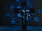 The symbol of Christianity is a large Catholic cross on a blue background with stars. Religion, faith, spirituality, prayer,