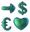 Symbol collection arrow, dollar, euro, heart made of 3d render green color. Collection of natural snake skin texture